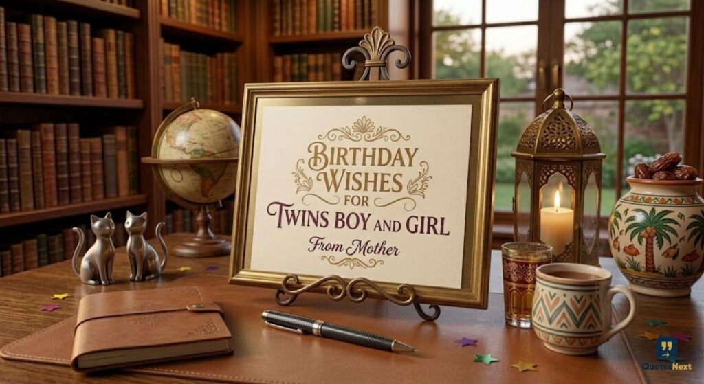 A decorative frame on a desk in a library features elegant calligraphy for **birthday wishes for twins boy and girl**.