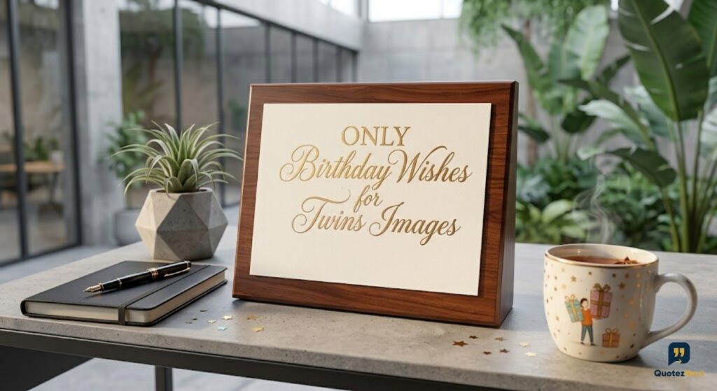 A wooden frame on a desk with elegant gold calligraphy reading: Birthday Wishes for Twins Images."