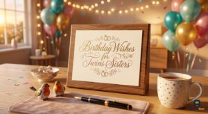A wooden frame with a calligraphic 'Birthday Wishes for Twins Sisters' card sits on a desk with robins, rings, and tea.