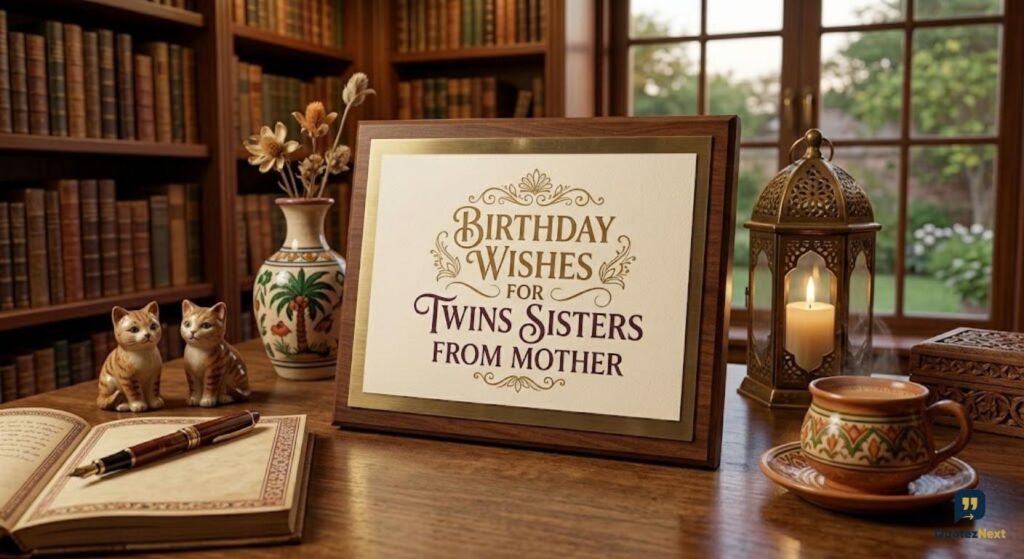 A decorative wooden frame on a desk has a card reading 'BIRTHDAY WISHES FOR TWINS SISTERS FROM MOTHER' in ornate gold and purple script.