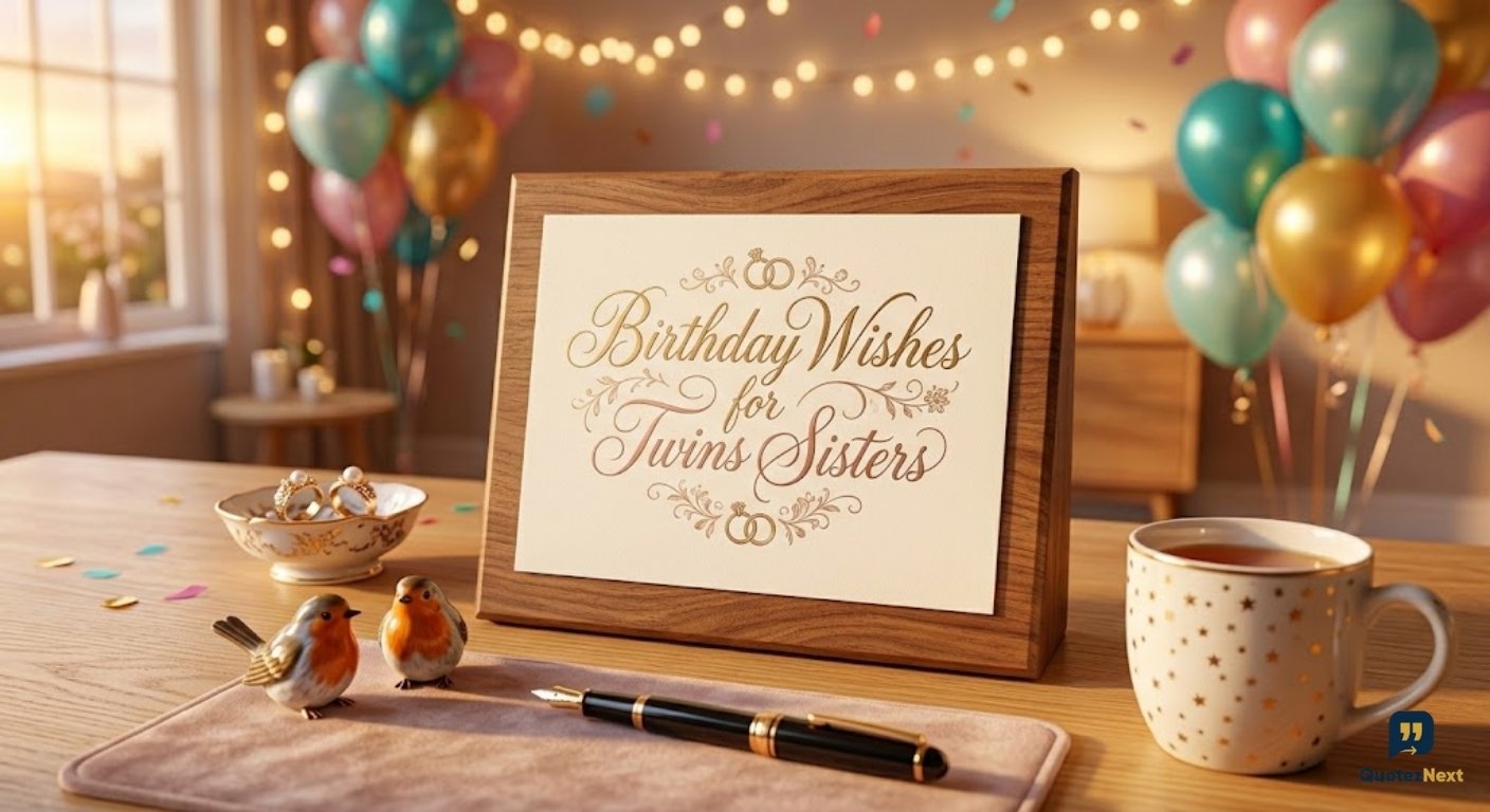 A wooden frame with a calligraphic 'Birthday Wishes for Twins Sisters' card sits on a desk with robins, rings, and tea.