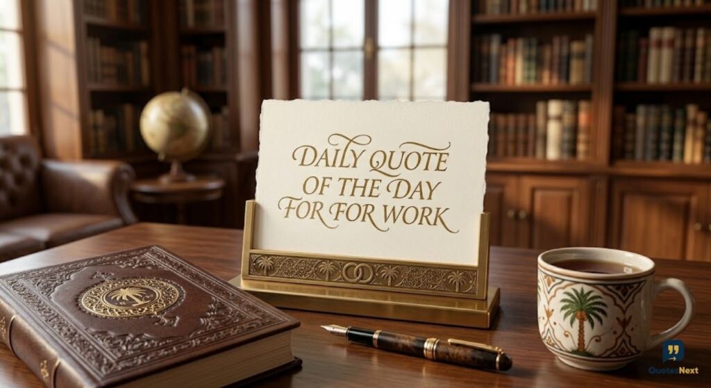 A close-up photograph of a vintage desk with a "DAILY QUOTE OF THE DAY FOR FOR WORK" sign, a leather book, a pen, and a mug.