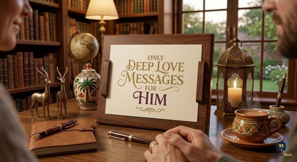 A framed plaque on a library desk displays the calligraphic text '**DEEP LOVE MESSAGES FOR HIM**' in gold and purple.