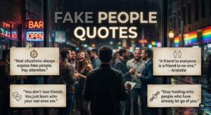 A man looks at a busy bar through a rainy window, surrounded by quote boxes like "A friend to everyone is a friend to no one."