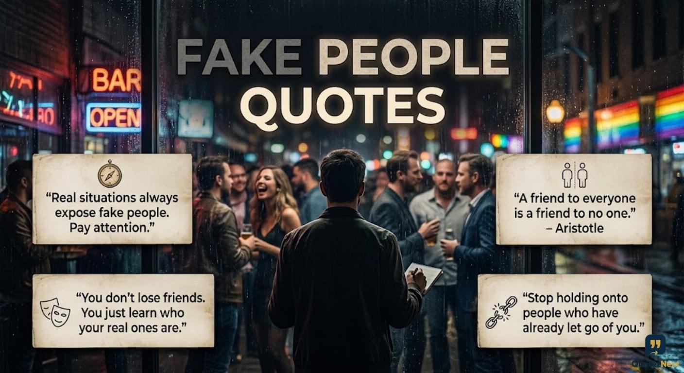 A man looks at a busy bar through a rainy window, surrounded by quote boxes like "A friend to everyone is a friend to no one."