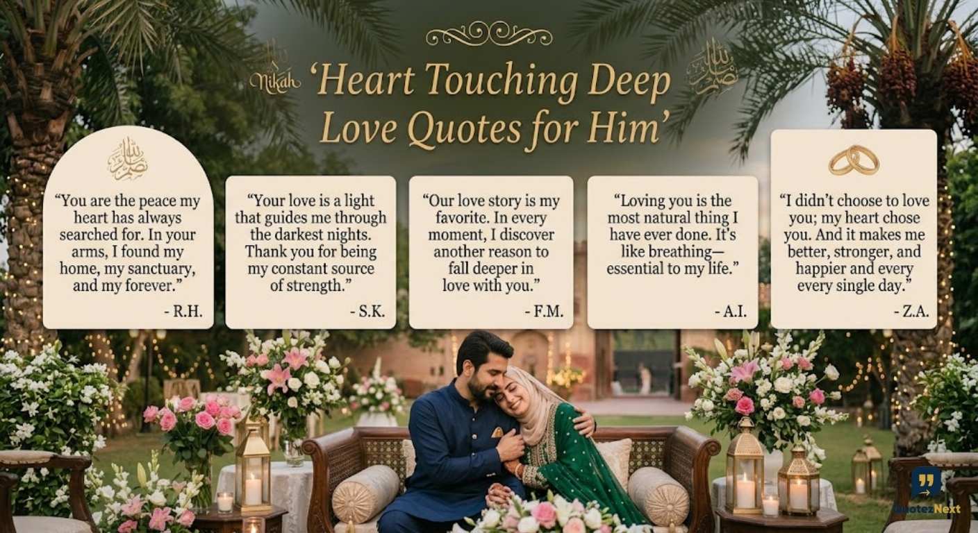 A Muslim couple in a decorated garden, with five panels of "Heart Touching Deep Love Quotes for Him"