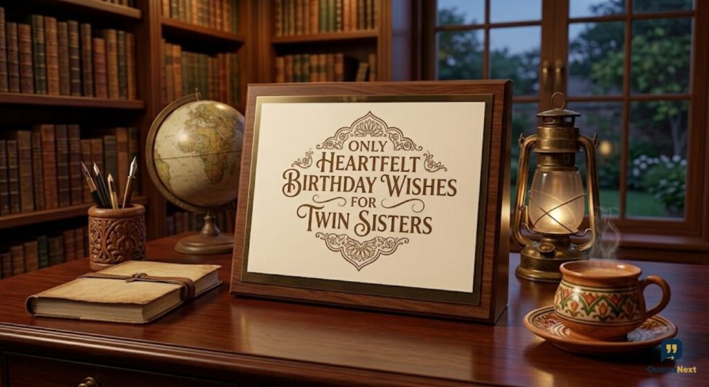 A decorative plaque on a library desk has a card reading "ONLY HEARTFELT BIRTHDAY WISHES FOR TWIN SISTERS" in gold script.