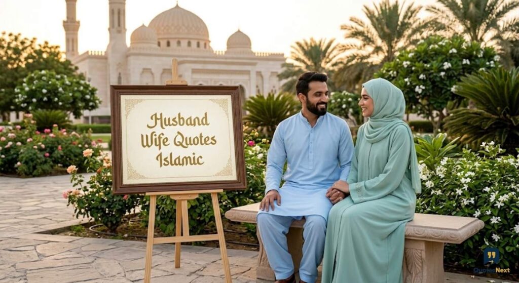 A photo of a framed calligraphy artwork reading '**Husband Wife Quotes Islamic**' in a traditional home, with a couple visible nearby.