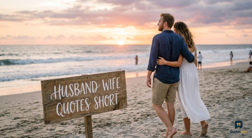 A loving couple walks on a sandy beach near a wooden sign reading '**HUSBAND WIFE QUOTES SHORT**' during a golden sunset.