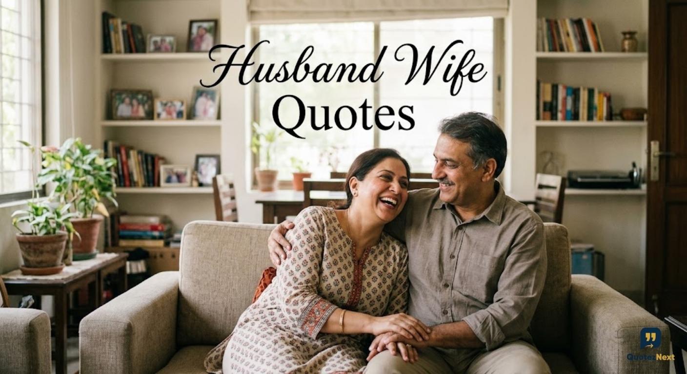 An art print shows a couple in a park holding a framed sign that reads '**HUSBAND WIFE QUOTES**' in gold calligraphy.