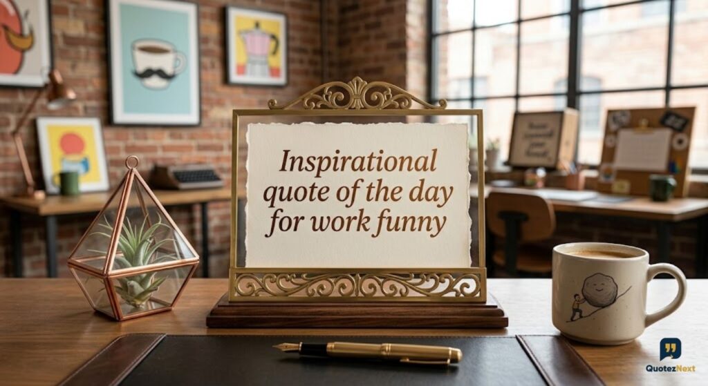 A desk with a "Inspirational quote of the day for work funny" sign, coffee mug, and succulent, in a brick office.