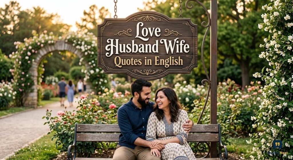 A smiling couple sits on a park bench beneath a wooden sign displaying '**LOVE HUSBAND WIFE QUOTES IN ENGLISH**'.
