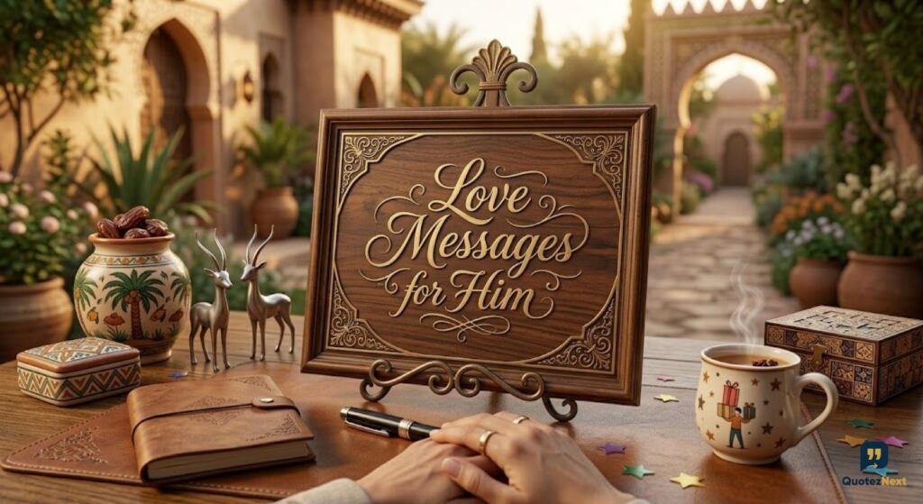 The ornate wooden frame holds the text '**LOVE MESSAGES FOR HIM**', on a table in a garden setting, with dates and tea.