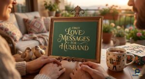 A couple holds hands with an ornate framed sign that reads '**LOVE MESSAGES FOR HUSBAND**' on their balcony at sunset.