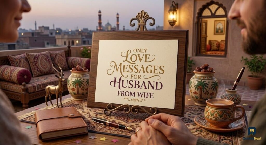 On a rooftop in Lahore, a couple sits at a table with a decorative plaque for love messages for husband from wife.