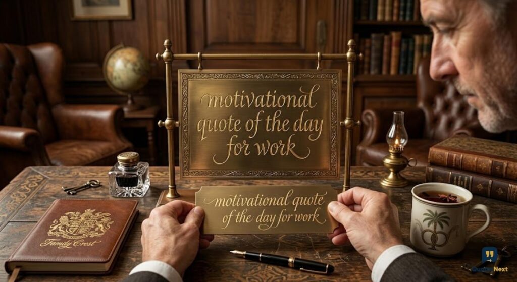 A man holds a metal plate with "motivational quote of the day for work" text in gold calligraphy, at a vintage desk.