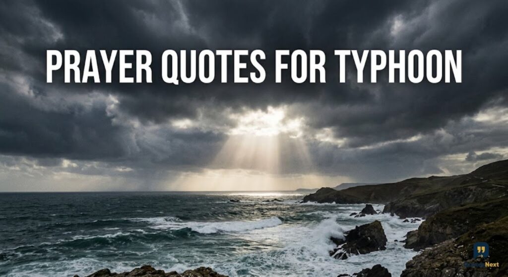 Dramatic dark storm clouds loom over a rough ocean, overlaid with white text reading '**PRAYER QUOTES FOR TYPHOON**'.