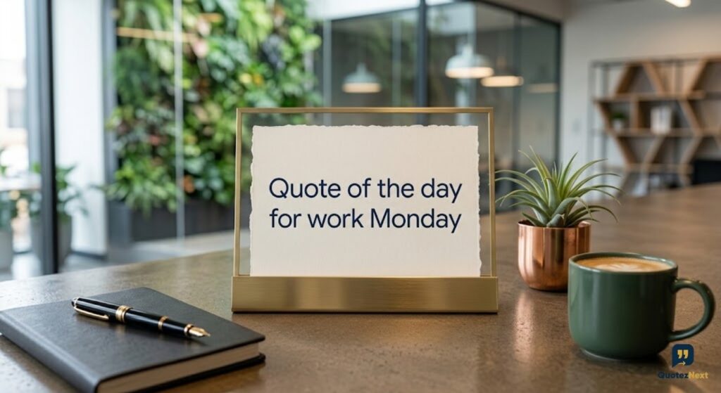 A photo of a framed sign that says "Quote of the day for work Monday," a cup of coffee, a plant, and a pen on a desk.