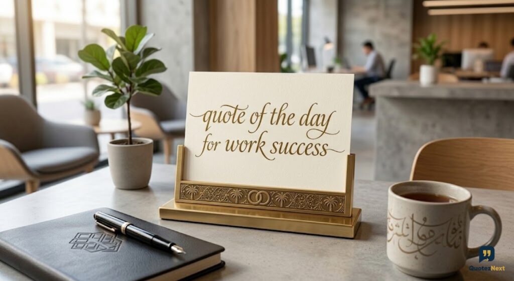 A close-up photograph of a modern office desk features a card reading "quote of the day for work success" in a gold holder.