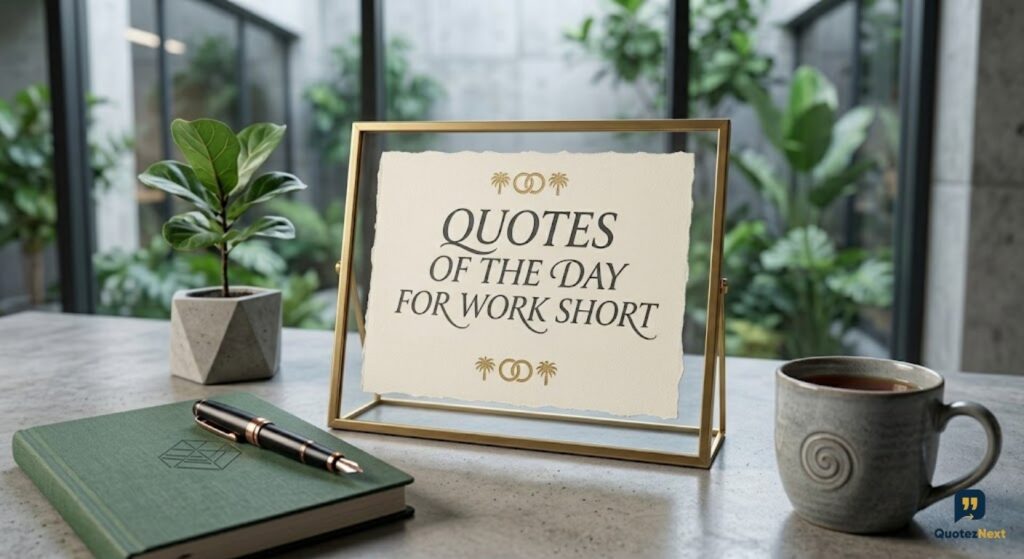 A photograph of an office desk with a gold framed sign that says "QUOTES OF THE DAY FOR WORK SHORT" next to a notebook.