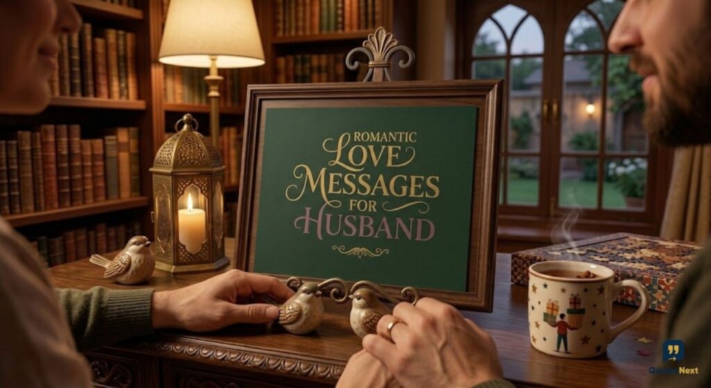 On a library desk, a frame holds '**Romantic Love Messages for Husband**' calligraphic text in gold and purple script.