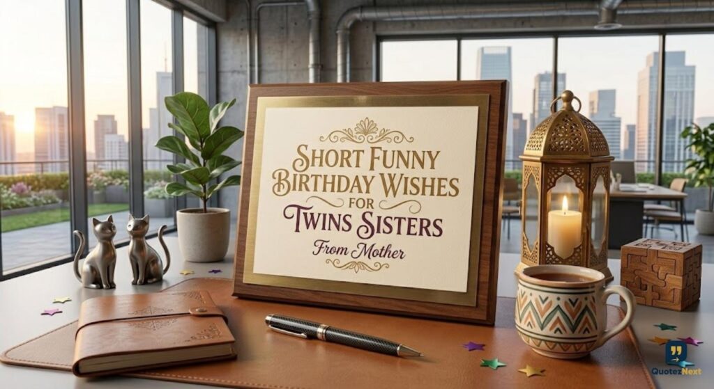 A decorative plaque on a desk with elegant gold and purple script reading "SHORT FUNNY BIRTHDAY WISHES FOR TWINS SISTERS From Mother".