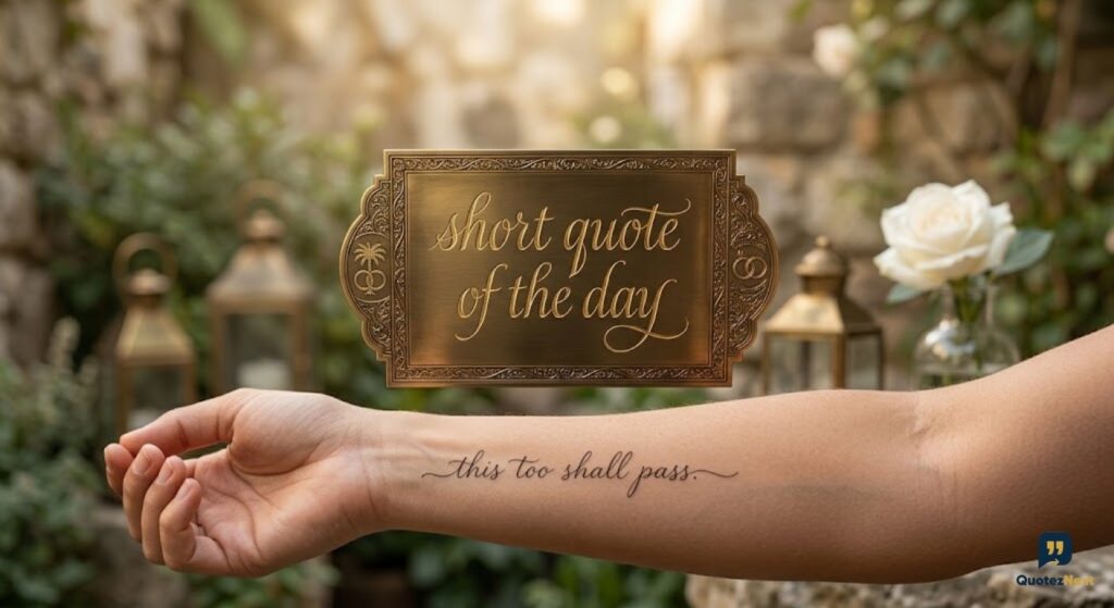 A photo of an arm with a "this too shall pass" tattoo, next to a gold sign that reads "short quote of the day" in a garden.