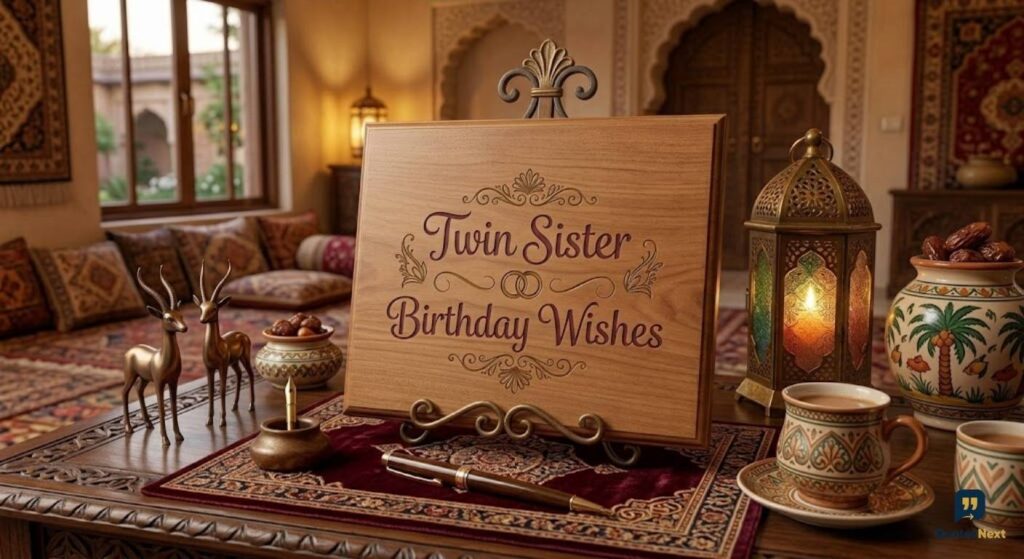 A wooden plaque with calligraphic **Twin Sister Birthday Wishes** is on a carved desk.