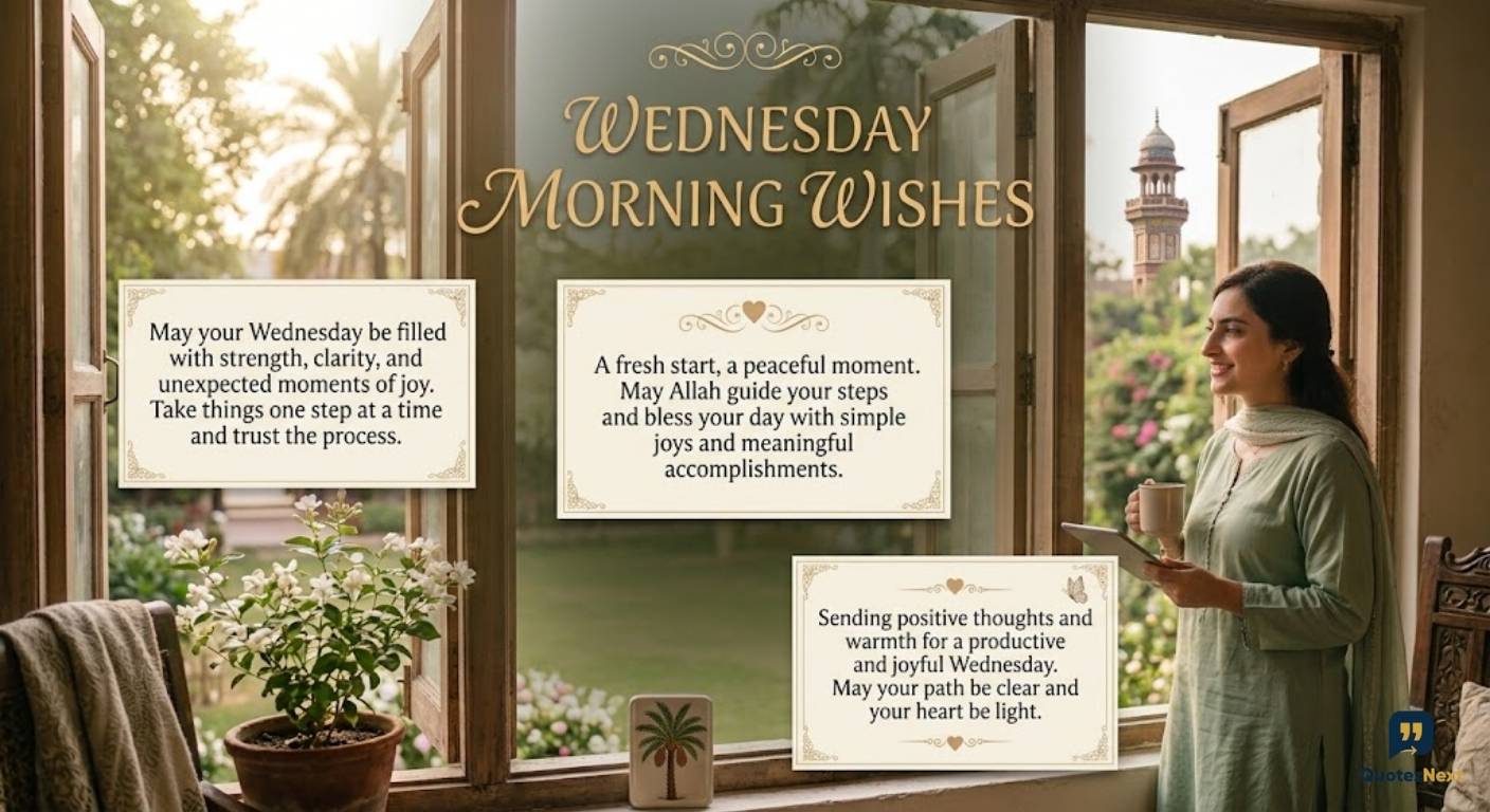 A sunny morning view from an old window, a woman holding a cup, and several Wednesday morning wish cards.