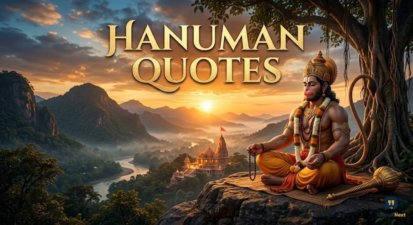 Meditating Lord Hanuman on a mountain peak at sunset with the title Hanuman Quotes in golden letters.