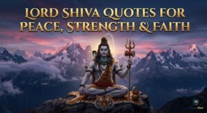 Meditating Shiva on a mountain peak at dusk, with the text 'LORD SHIVA QUOTES FOR PEACE, STRENGTH & FAITH'.