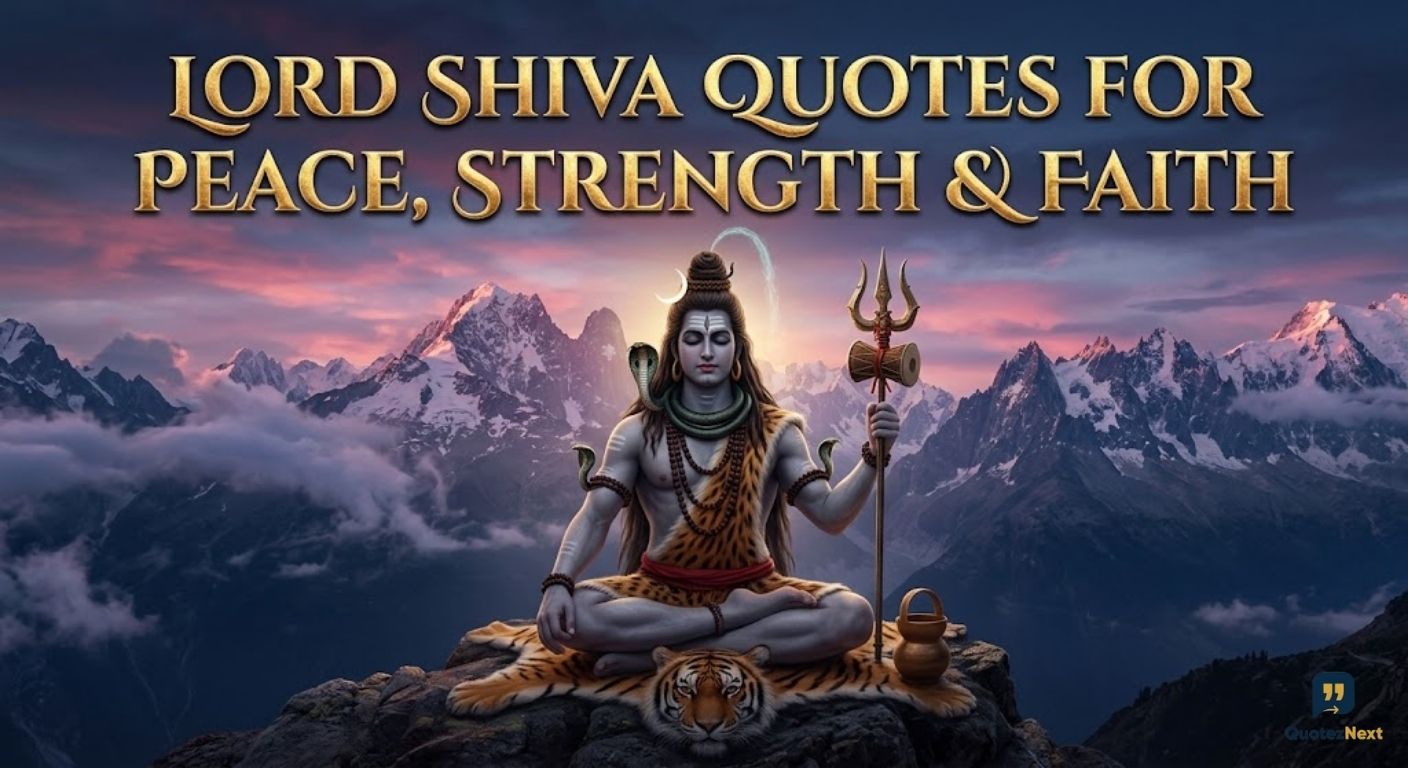 Meditating Shiva on a mountain peak at dusk, with the text 'LORD SHIVA QUOTES FOR PEACE, STRENGTH & FAITH'.